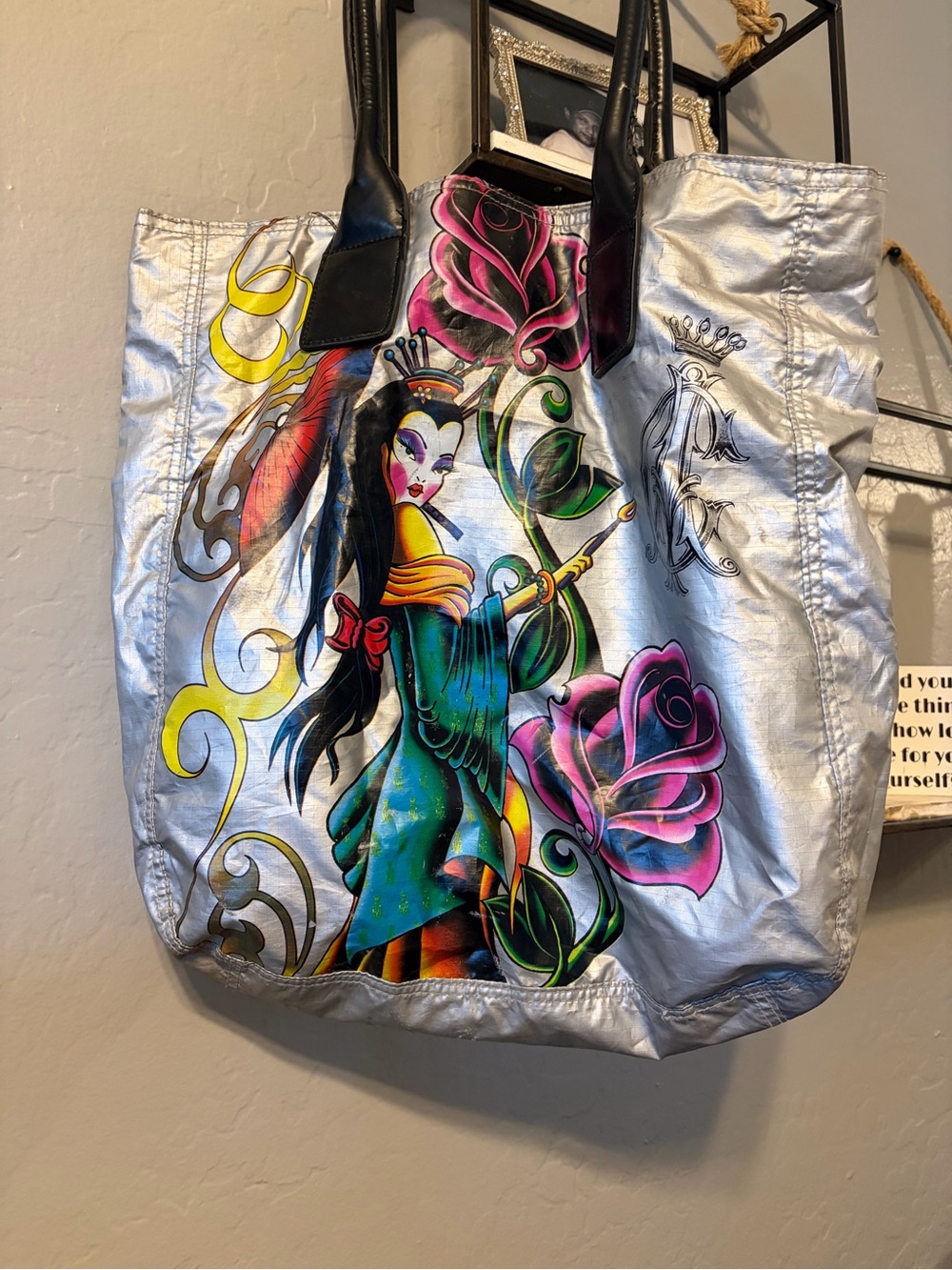 Christian Audigier Silver Tote with Colorful Geisha and Pink Roses